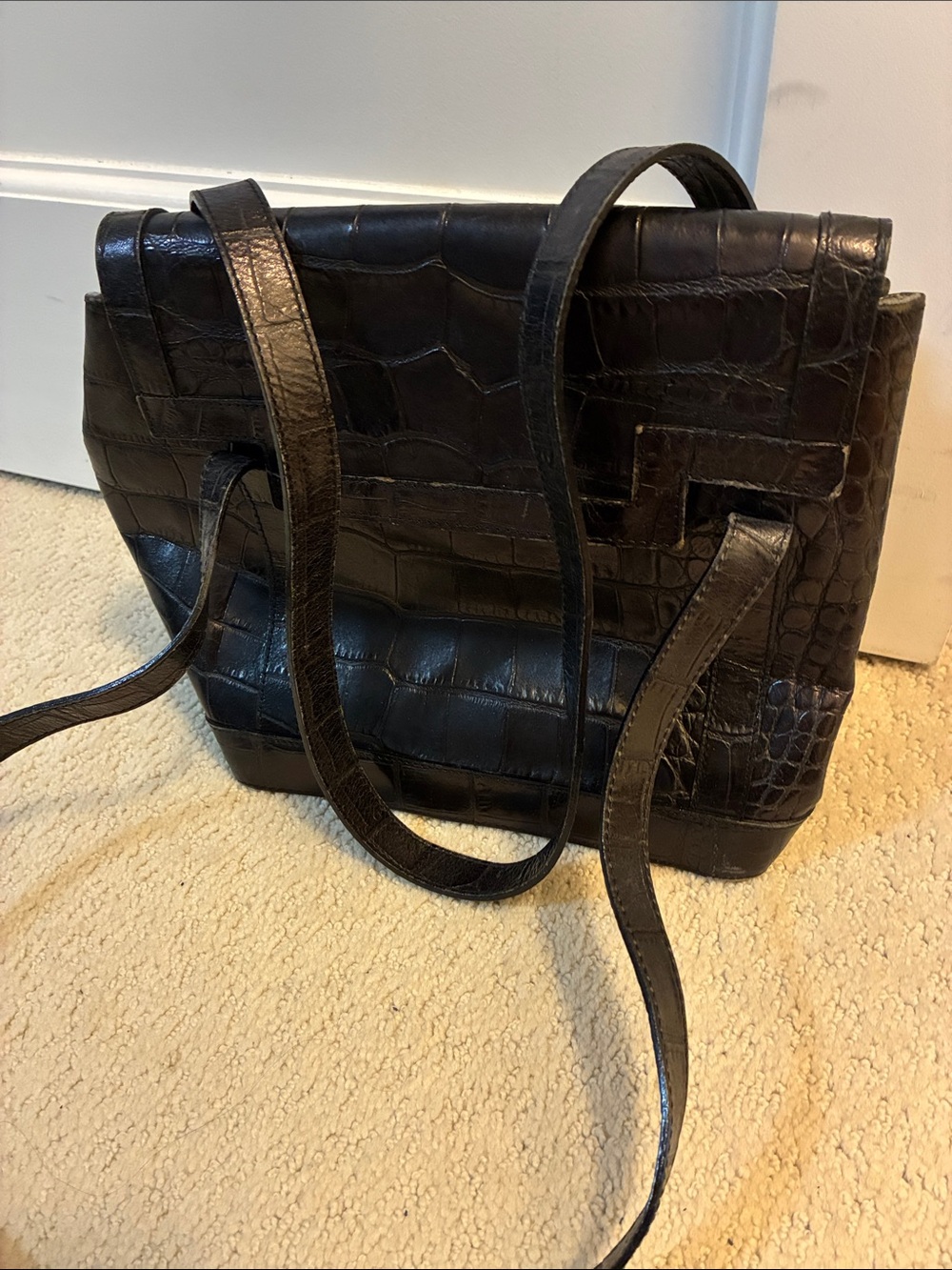 Vintage Furla Croc-Embossed Leather Shoulder Bag 👝